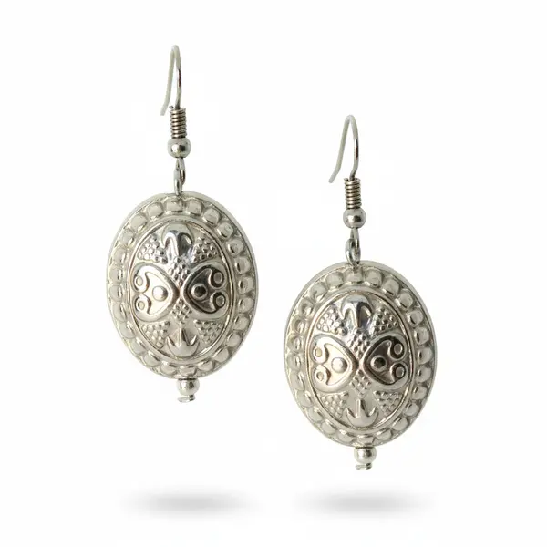 Fancy Silver Embossed Oval Earrings