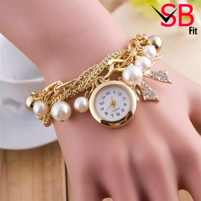 Chain Gold Pearls Crystal Bracelet Watch For Women & Girls.