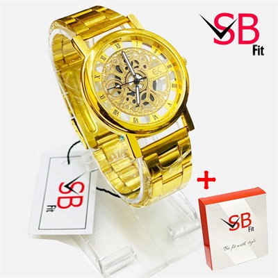 Stylish Golden Stainless Steel Wristwatch For Men / Chain Watches For Boys / SB FIT Formal Chain Watch With Box