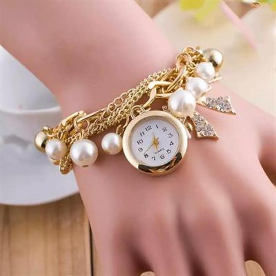 Gold Pearls Crystal Bracelet Watch For Women & Girls.