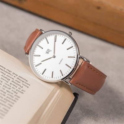 Full Brown Leather White Dial Strap Stainless Steel Watch For Mens 