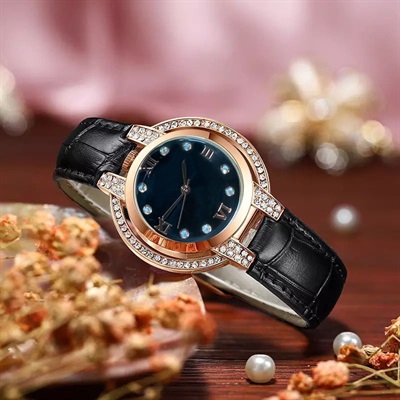 Round Diamonds Waterproof Stainless Steel Waterproof  Leather Strap Crystal Bracelet Watch For Women - Stylish Girls Watches SB FIT - With Box
