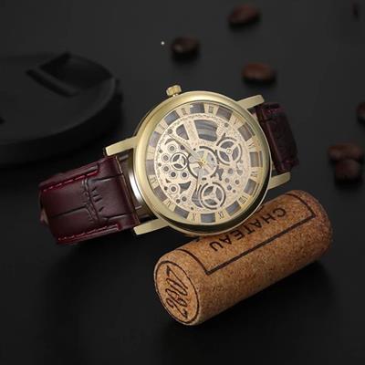 Leather Double Sided Glass Transparent Watch for Men.