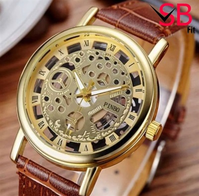 Leather Brown Strap Stylish Double Sided Glass Transparent Watch for Men.
