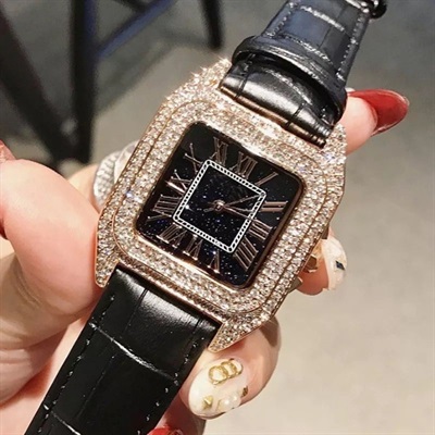 Square Diamonds Stainless Steel Waterproof  Leather Strap Crystal Bracelet Watch For Women - Stylish Watch For Girls SB FIT - With Box