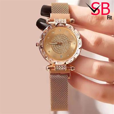 Gold Double Stones With Date Magnetic Strap Watch For Girls.