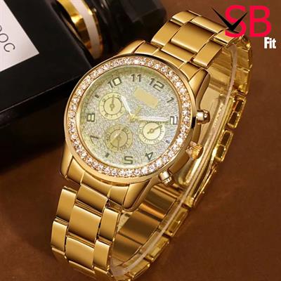 SB FIT Luxury Quartz Round Diamonds Golden Chain Watch For Women & Girls.