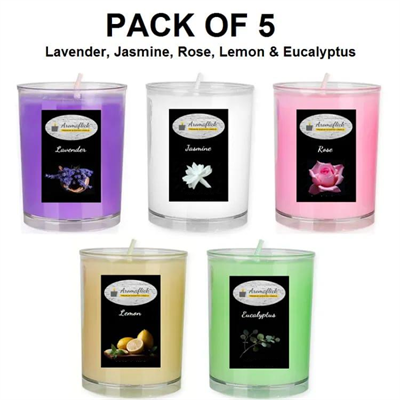 Pack of 5 Scented Glass Candles in Lavender, Rose, Jasmine, Lemon & Eucalyptus Fragrance