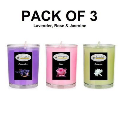 Pack of 3 Scented Glass Candles in Lavender, Rose & Jasmine Fragrance