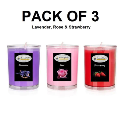 Pack of 3 Scented Glass Candles in Lavender, Rose & Strawberry Fragrance