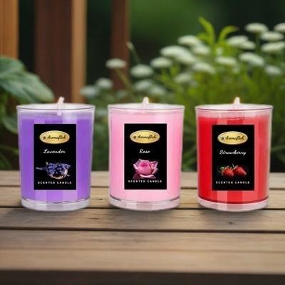 Pack of 3 Scented Glass Candles in Lavender, Rose & Strawberry Fragrance