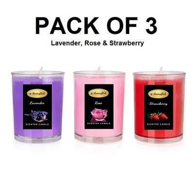 Pack of 3 Scented Glass Candles in Lavender, Rose & Strawberry Fragrance