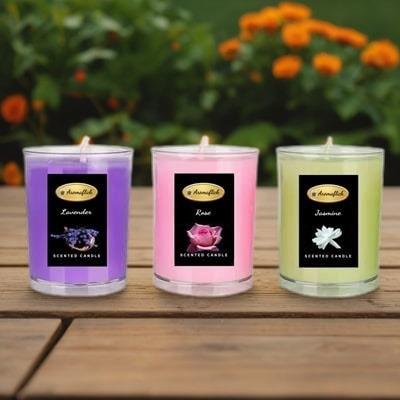 Pack of 3 Scented Glass Candles in Lavender, Rose & Jasmine Fragrance