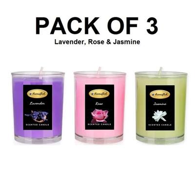 Pack of 3 Scented Glass Candles in Lavender, Rose & Jasmine Fragrance