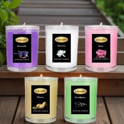 Pack of 5 Scented Glass Candles in Lavender, Rose, Jasmine, Lemon & Eucalyptus Fragrance