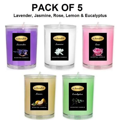 Pack of 5 Scented Glass Candles in Lavender, Rose, Jasmine, Lemon & Eucalyptus Fragrance