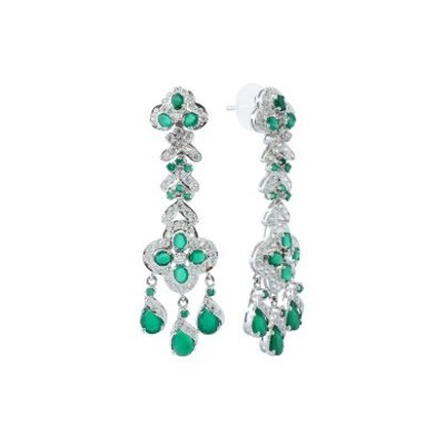 Zircon Studded Sterling Silver Earring with Square cut Green Onyx Stones