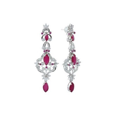 Sterling Silver Red Onyx and Zircon Earring in Marquise design