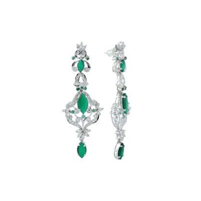 Sterling Silver Green Onyx and Zircon Earring in Marquise design
