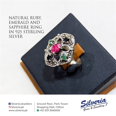 Natural Ruby, Emerald and sapphire ring in 925 Sterling Silver