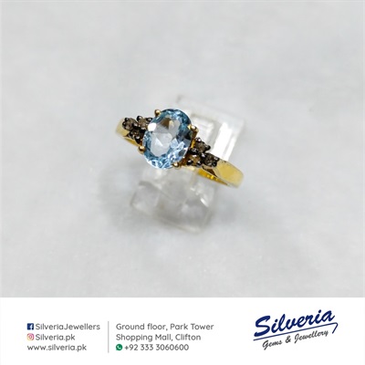 Vintage look Gold plated Ring with natural blue topaz and genuine diamonds in 925 Sterling Silver