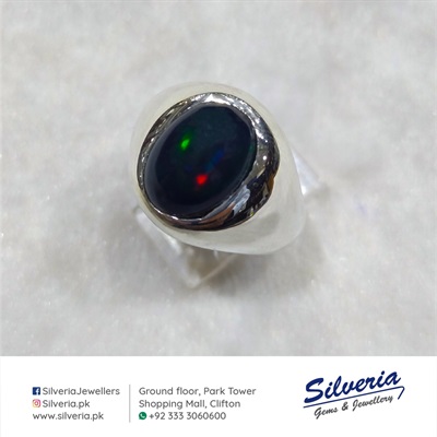 Ring with Natural Black Opal in 925 Sterling Silver