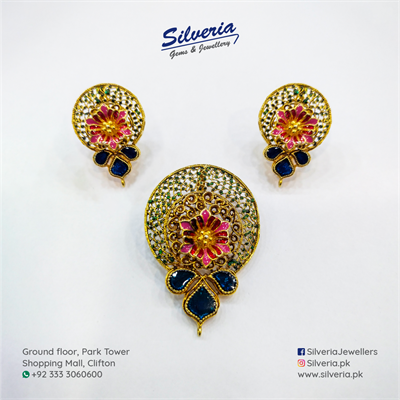 Pendant Set in Floral Design with Antique Finishing and Meena Workmanship