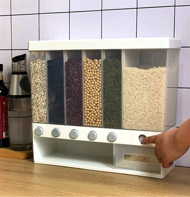 Wall-Mounted Rice Bucket 6-Grid Storage Dispenser Button Funnel Design