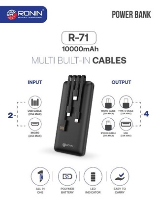 Ronin R-71 Multi Built-In Cables Power Bank 10000 MAh