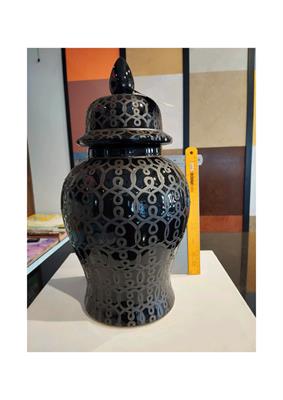 Black and Grey Patterned Ceramic Vase with Lid