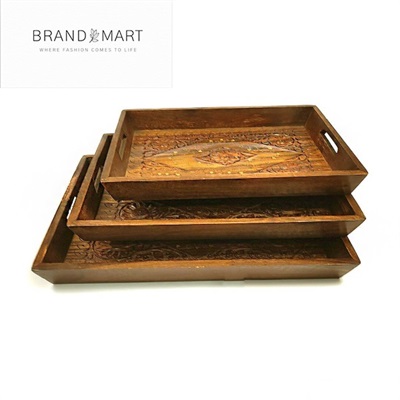 Wooden Serving Tray Set Carving Brass Work 3 pcs