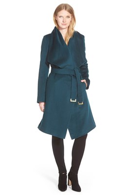 Drape Collar Wool Blend Wrap Coat