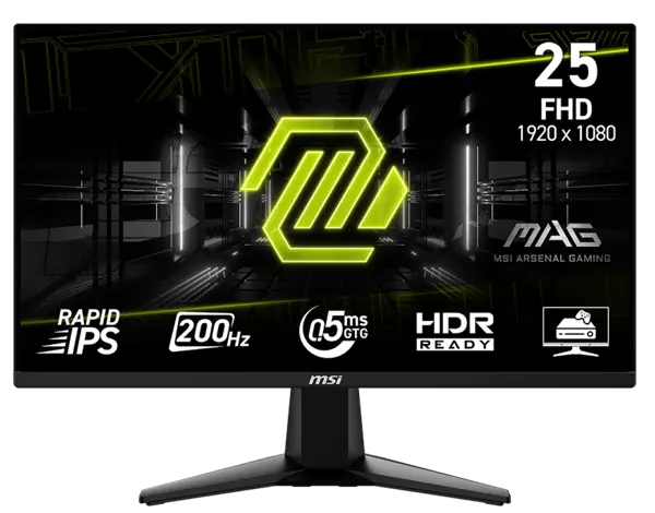 MSI MAG 255F E20 25-inch 1920 x 1080 (FHD) Gaming Monitor, 200Hz, Adaptive Sync, HDMI, DisplayPort, VESA Mountable, Tilt, Height Adjustable, Speaker, 0.5ms, Black