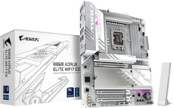 Gigabyte B860 AORUS Elite WIFI7 ICE Motherboard - Intel Core Ultra Series CPUs, 14+1+2+1 Phases VRM, up to 9200MHz DDR5, 1x PCIe 5.0 + 2xPCIe 4.0 M.2, 2.5GbE LAN, WiFi 7, USB 4