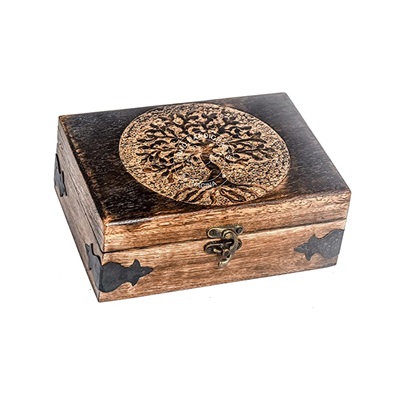 Antique Handmade Wooden Urn Tree of Life Engraving Handcarved Jewellery Box for Women
