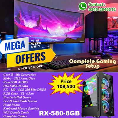 Complete Gaming Setup With Ci5 4th Gen - 8GB Ram With RX 580 8GB Led 24 Inch and More
