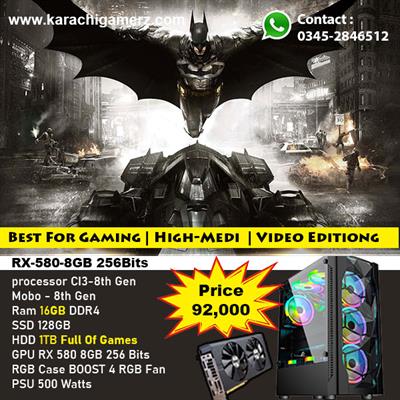 Gaming PC Core i3 8th Generation | RX 580 8GB 256Bits | Ram 16GB DDR4 | HDD 1TB | SSD 128GB | RGB Case New Games Installed