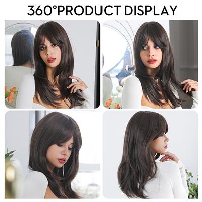 Natural Brown Wigs For Women Long Layered Straight Wigs With Bangs Synthetic Wig Natural Looking Hair Replacement