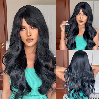 Natural Long Wavy Synthetic Hair Wigs with Bangs Women Body Wave Afro Female Wigs Cosplay Daily Hair