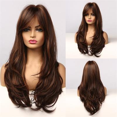 Copper Golden Long Wavy Synthetic Hair Wigs with Bangs Women Body Wave Afro Female Wigs Cosplay Daily Hair