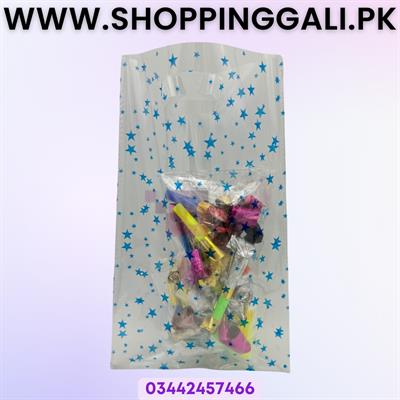 TRANSPARENT GOODY BAGS WITH BLUE STARS - PACK OF 10 GOODY BAGS