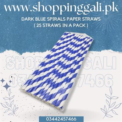 DARK BLUE WHITE SPIRALS DESIGN PARTY DECORATION PAPER STRAWS ( PACK OF 25 PAPER STRAWS )