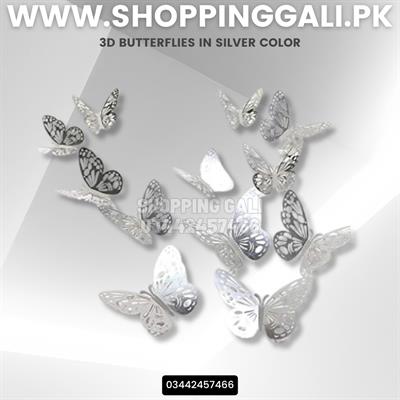 SILVER COLOR 3D BUTTERFLY DECORATION STICKERS DIY WALL DECORATIONS NURSERY ROOM DECOR BUTTERFLY STICKS PACK OF 12 PCS