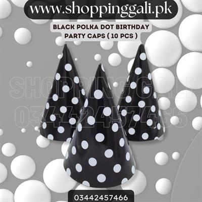 BLACK POLKA DOT BIRTHDAY PARTY CAPS ( PACK OF 10 BIRTHDAY CAPS )