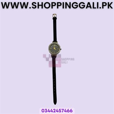 Classic Black Strap Women's Wristwatch with Embellished Dial - Preloved