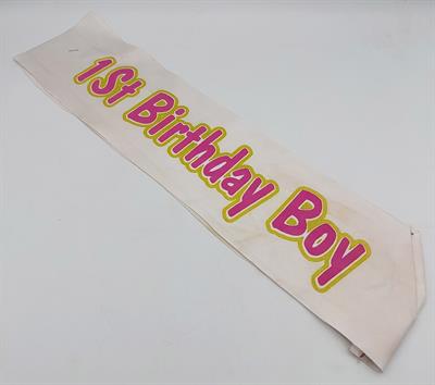 MY 1ST BIRTHDAY BOY SASH IN WHITE AND PINK FOR PARTY WEAR