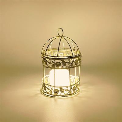 ILLUMINATE YOUR SPACE WITH ELEGANCE: GOLDEN METAL CAGE WITH LED CANDLE