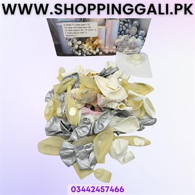 WHITE AND SILVER COLOR THEME PARTY DECORATION BALLOONS SET - LATEX BALLOONS - TRANSPARENT BALLOONS - ARCH TAPE - DOT DOUBLE TAPE