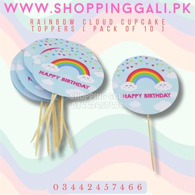 HAPPY BIRTHDAY RAINBOW CLOUD CUPCAKE TOPPERS ( PACK OF 10 CUPCAKE TOPPERS )