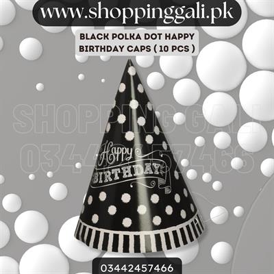 HAPPY BIRTHDAY BLACK POLKA DOT CAPS ( PACK OF 10 BIRTHDAY CAPS )